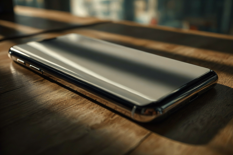 A premium, unbranded smartphone rests on a dark wooden surface, illuminated by focused light, set against a softly blurred background suggesting a dynamic market.