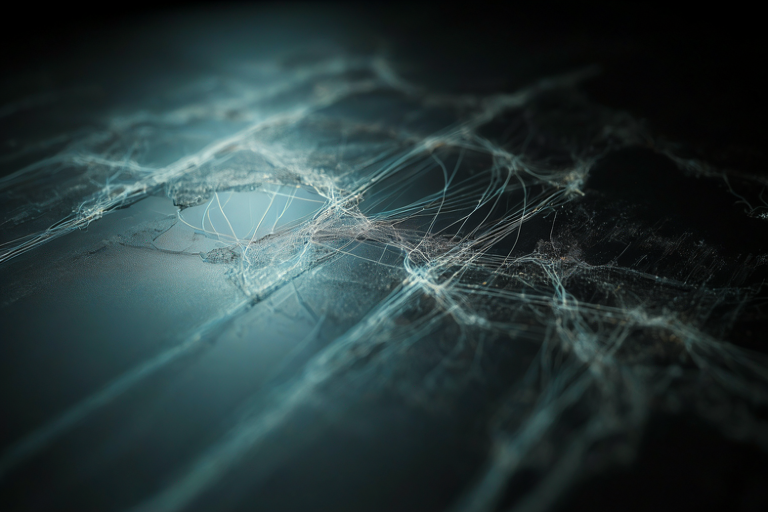A conceptual illustration of digital deception, showing glowing, intricate lines of online communication against a dark, moody background, symbolizing romance scams.