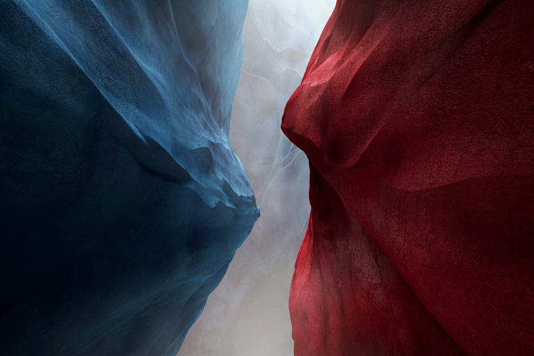 Abstract editorial illustration of two large, contrasting geometric forms representing global powers existing in measured proximity on a shared international stage.