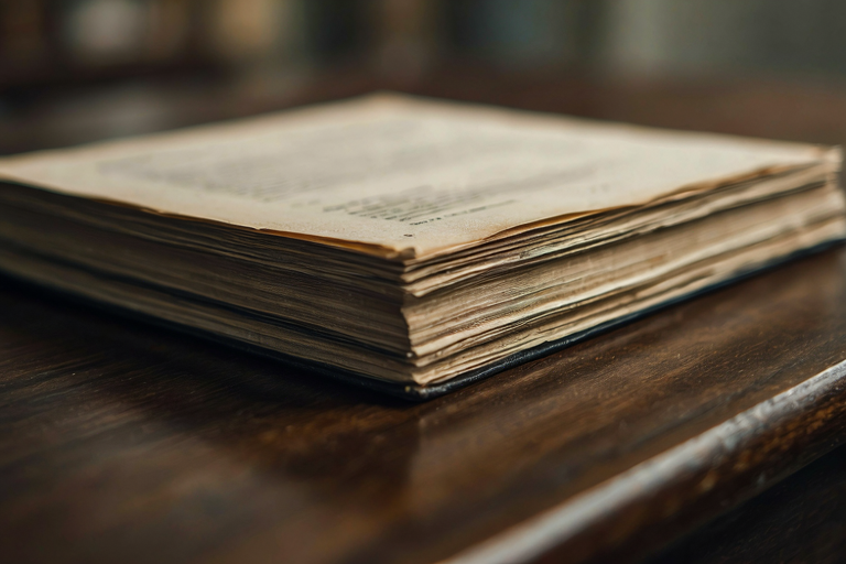 A close-up of a heavy, bound legal document resting on a dark wooden surface under focused light, symbolizing legal review.