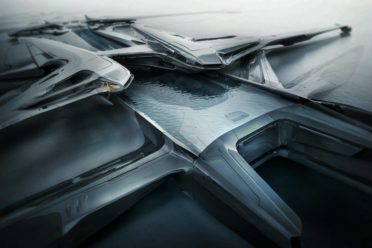 Conceptual illustration of integrated unmanned military systems, showing abstract forms of aerial, surface, and underwater robotics unified in a sophisticated development setting.