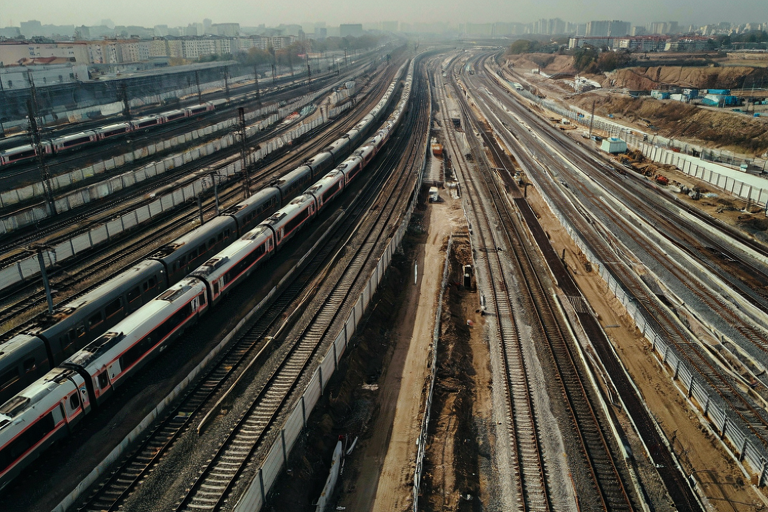 Conceptual illustration contrasting a modern, established rail system with a vast, rapidly expanding railway network.