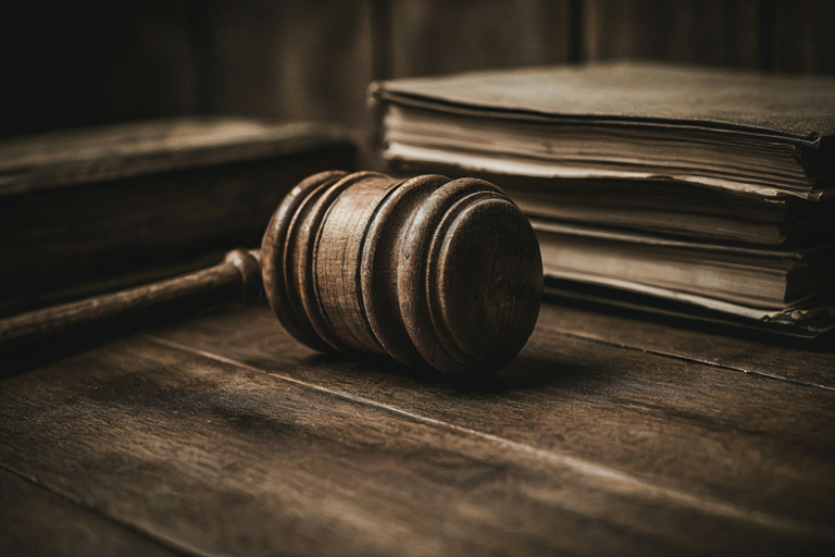 A heavy wooden gavel rests on a dark polished surface next to a stack of legal documents, symbolizing a judicial appeal.