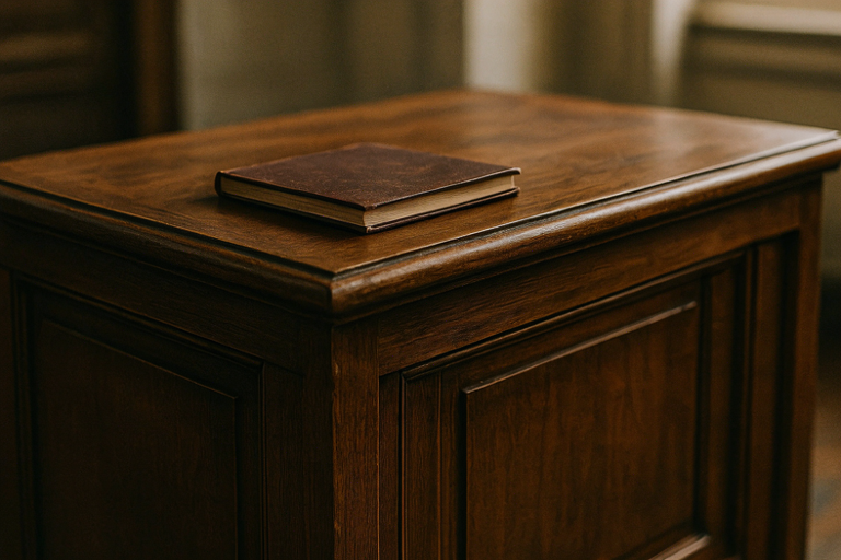A somber, wide-screen editorial illustration featuring a single, heavy wooden desk with a closed, leather-bound book, set in a softly lit, academic interior.