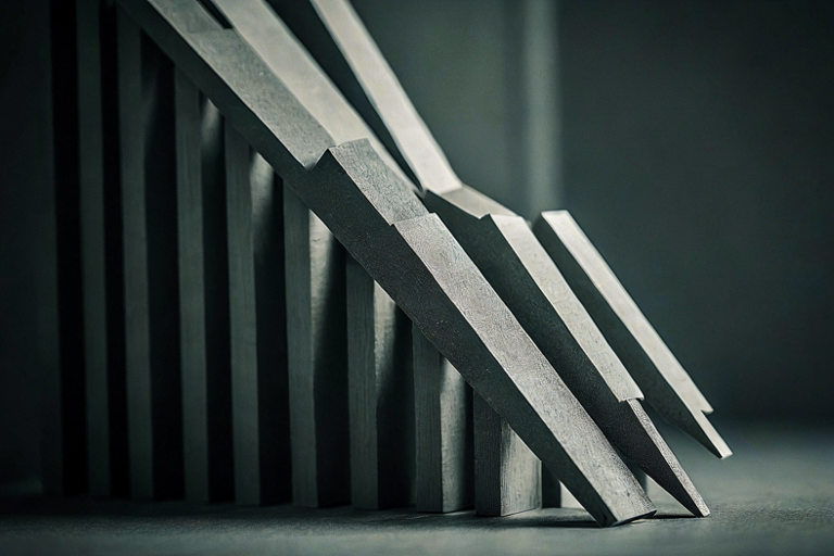 Conceptual illustration of a sharply declining bar graph in a minimalist, dimly lit setting, symbolizing low consumer confidence.