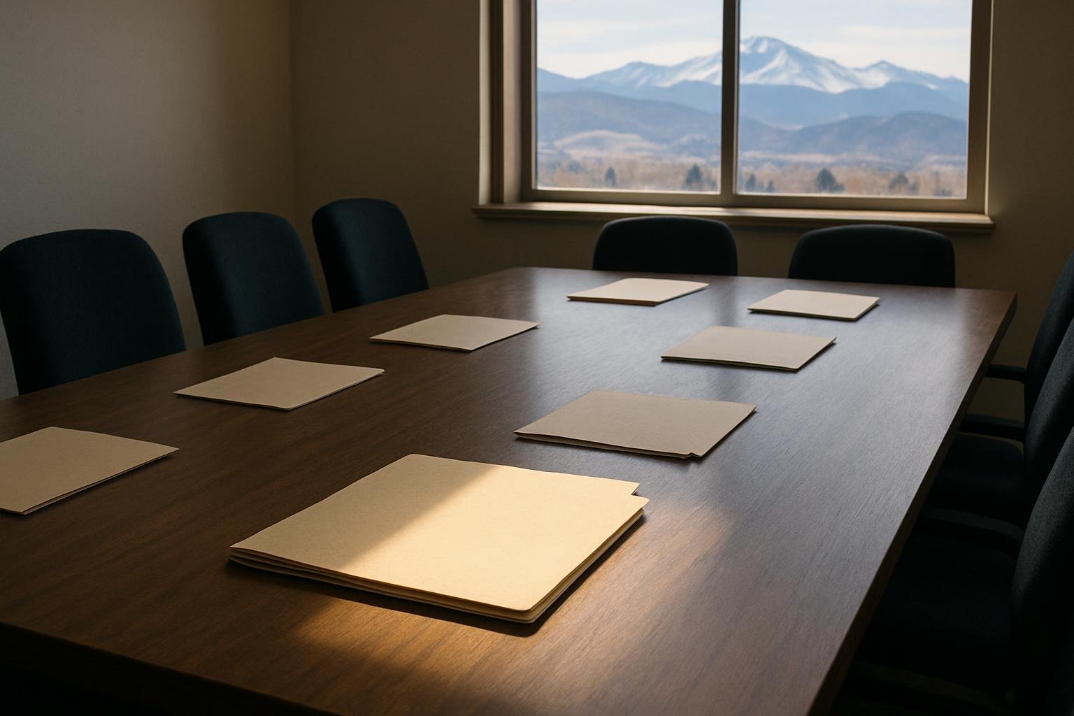 Unmarked candidate folder  on a campaign table, with one  et apart in a  haft of light and Colorado mountain  beyond.