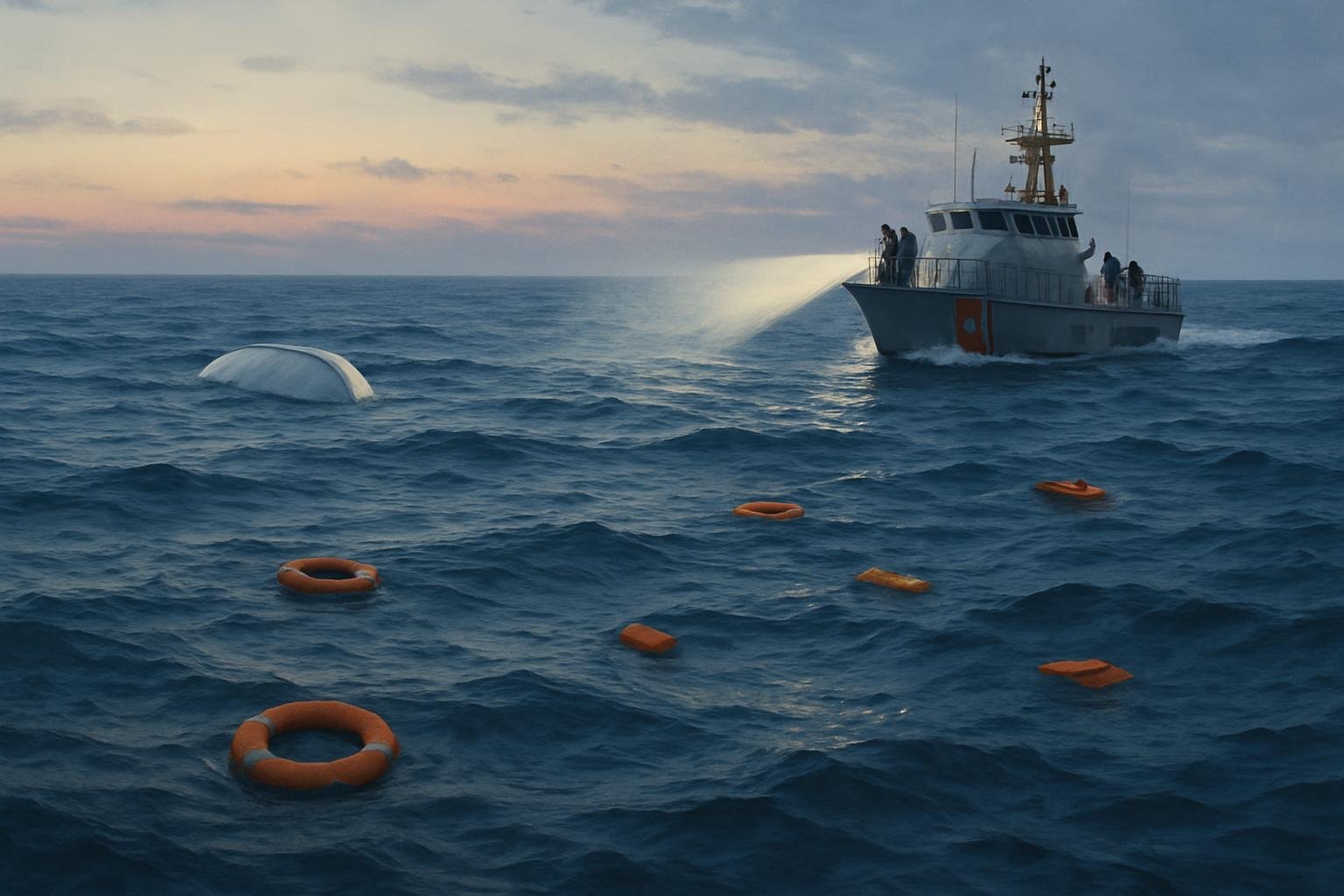 A Coa t Guard ve el  earche  open Caribbean water  near an overturned boat in the Mona Pa age.