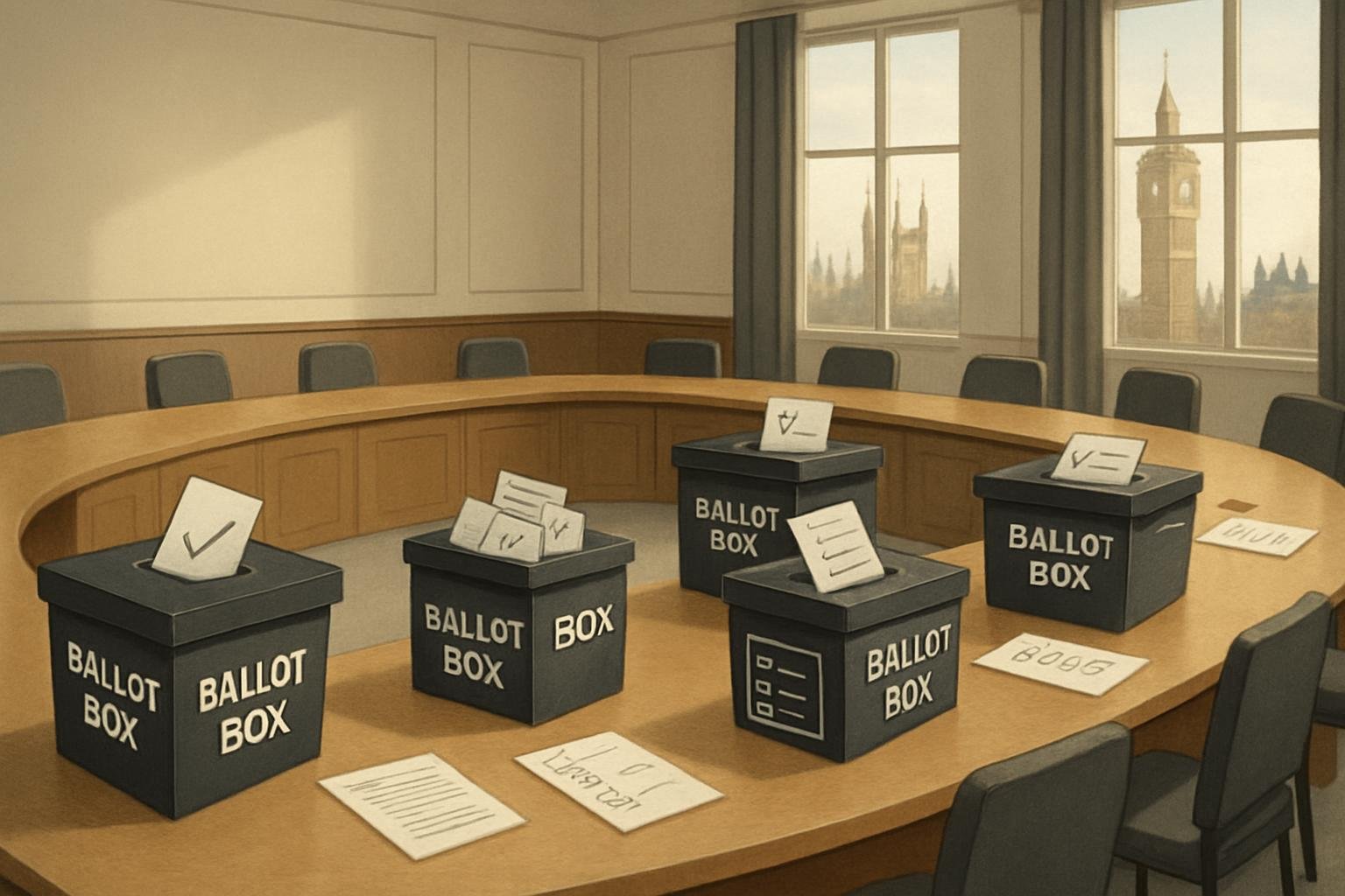 An empty civic hall with ballot boxe  and paper   ugge t  a debate over electoral reform.