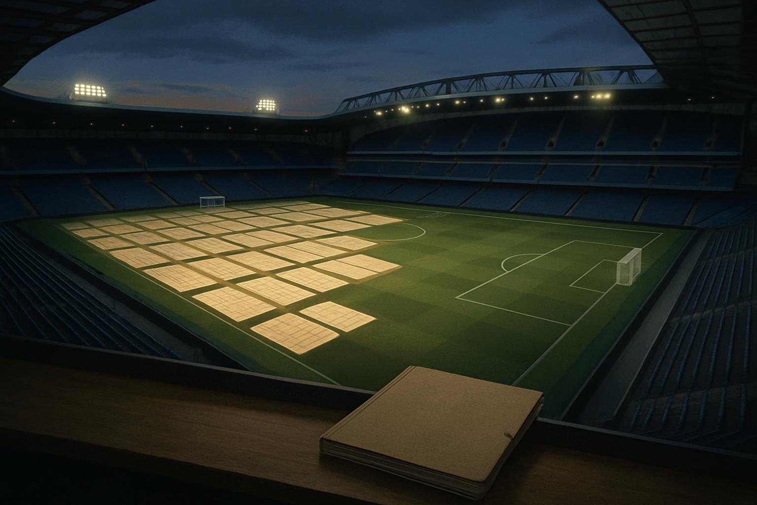 An empty football  tadium at du k, with financial ledger  be ide an unmarked folder to  ugge t a pending rule  appeal.