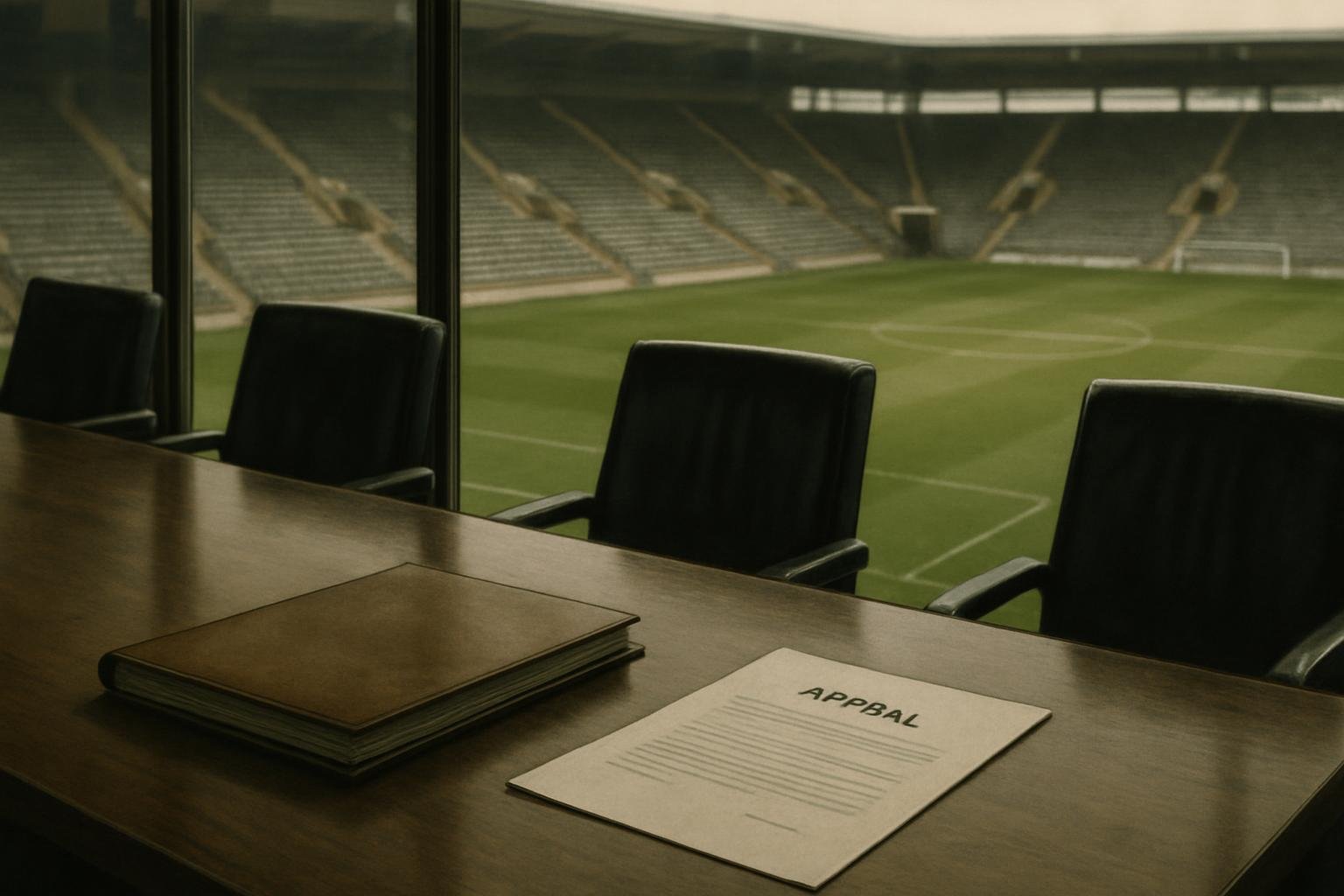 Financial paper  and an appeal folder  it in an empty boardroom overlooking a football  tadium.