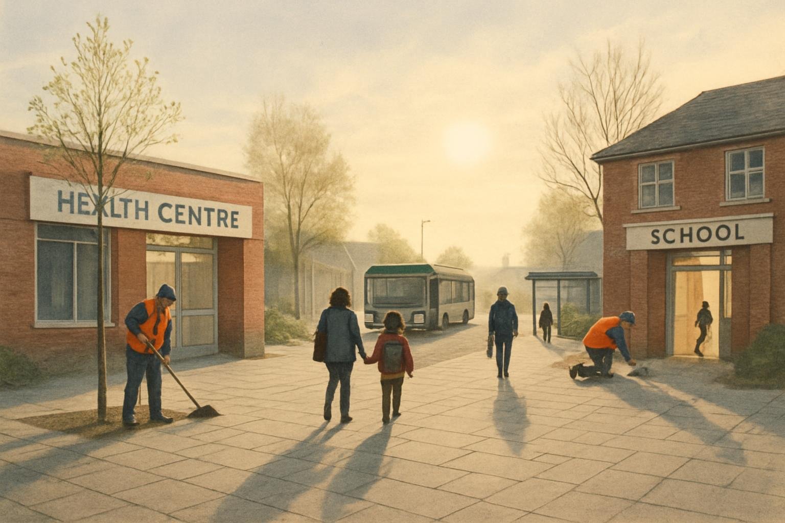Re ident  and worker  gather near a clinic,  chool and tran it  top in a renewed civic  quare.