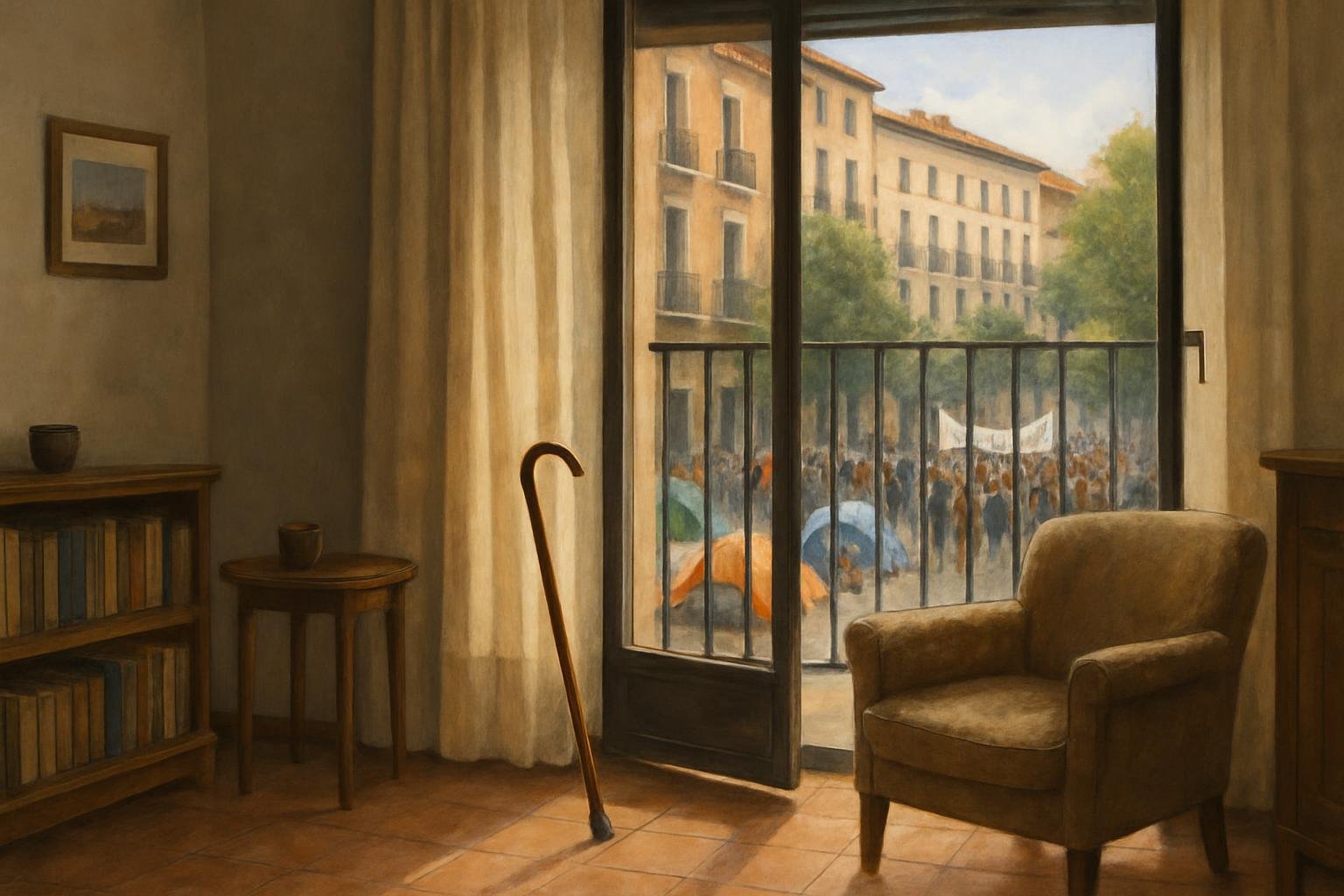 A mode t Madrid apartment with a cane be ide an empty chair, overlooking a  treet encampment and peaceful hou ing demon trator .