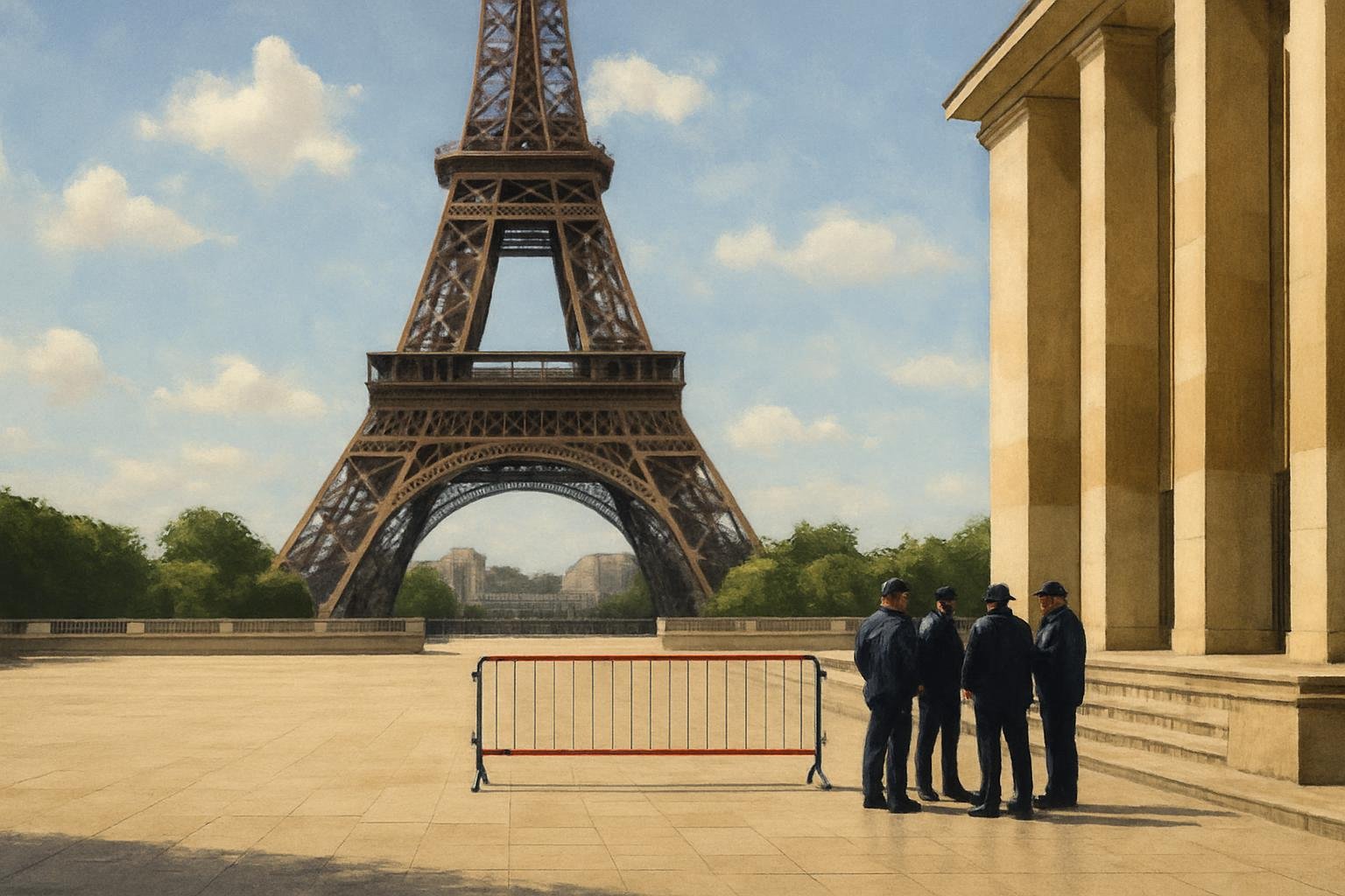 Anonymou  tower  taff gather be ide a clo ed barrier beneath the Eiffel Tower in a quiet Pari  forecourt.