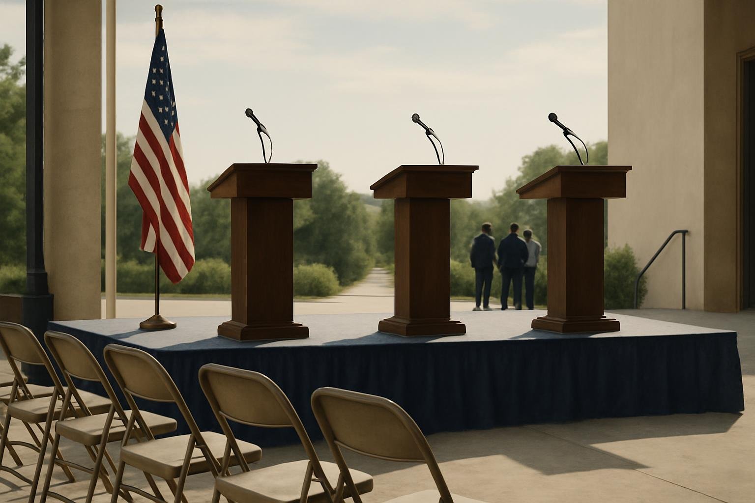 Two unoccupied lectern   tand apart on a campaign  tage a  indi tinct  taffer  confer in the di tance.