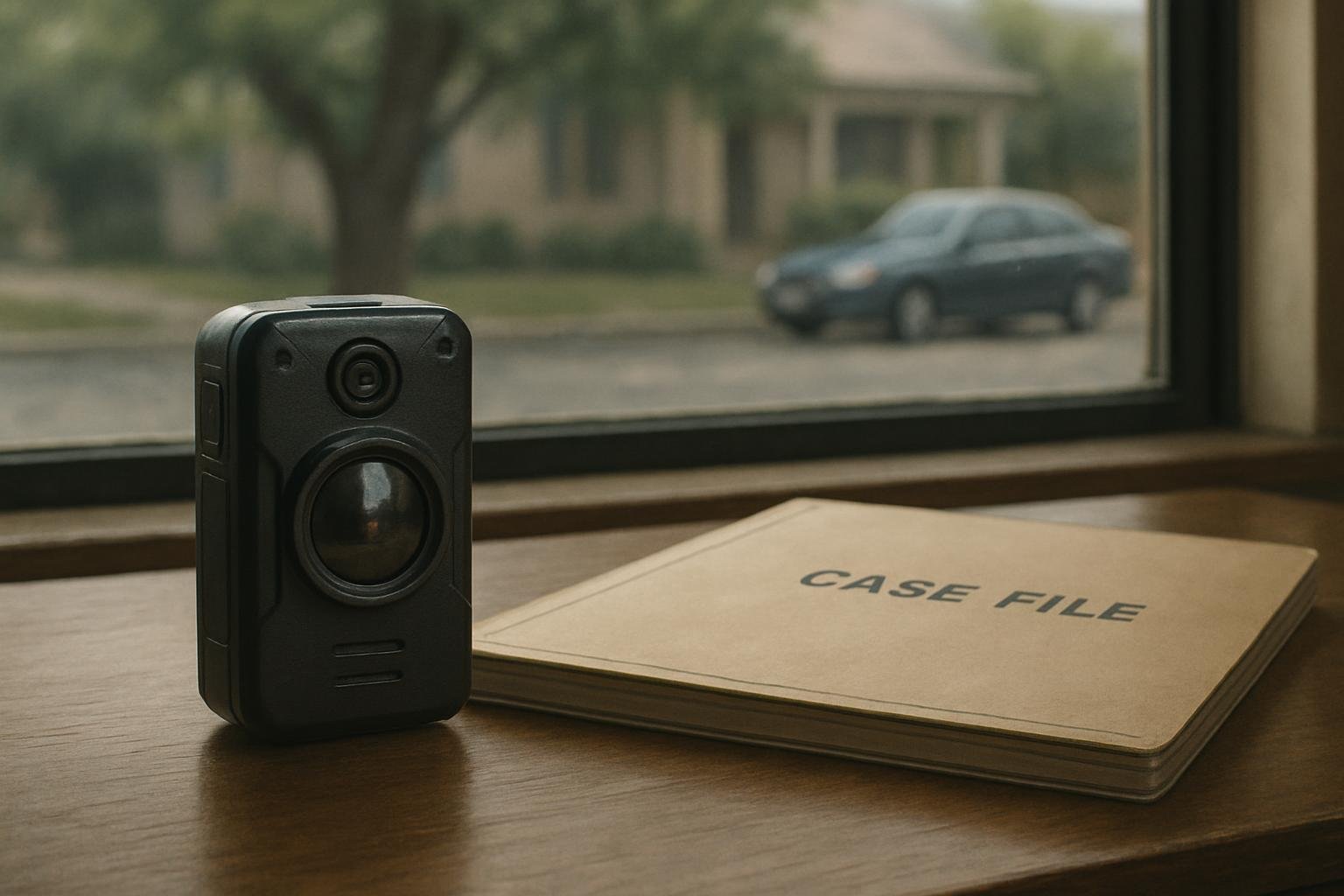 An unmarked body camera and clo ed ca e file  it by a window overlooking a parked car on a quiet Au tin  treet.