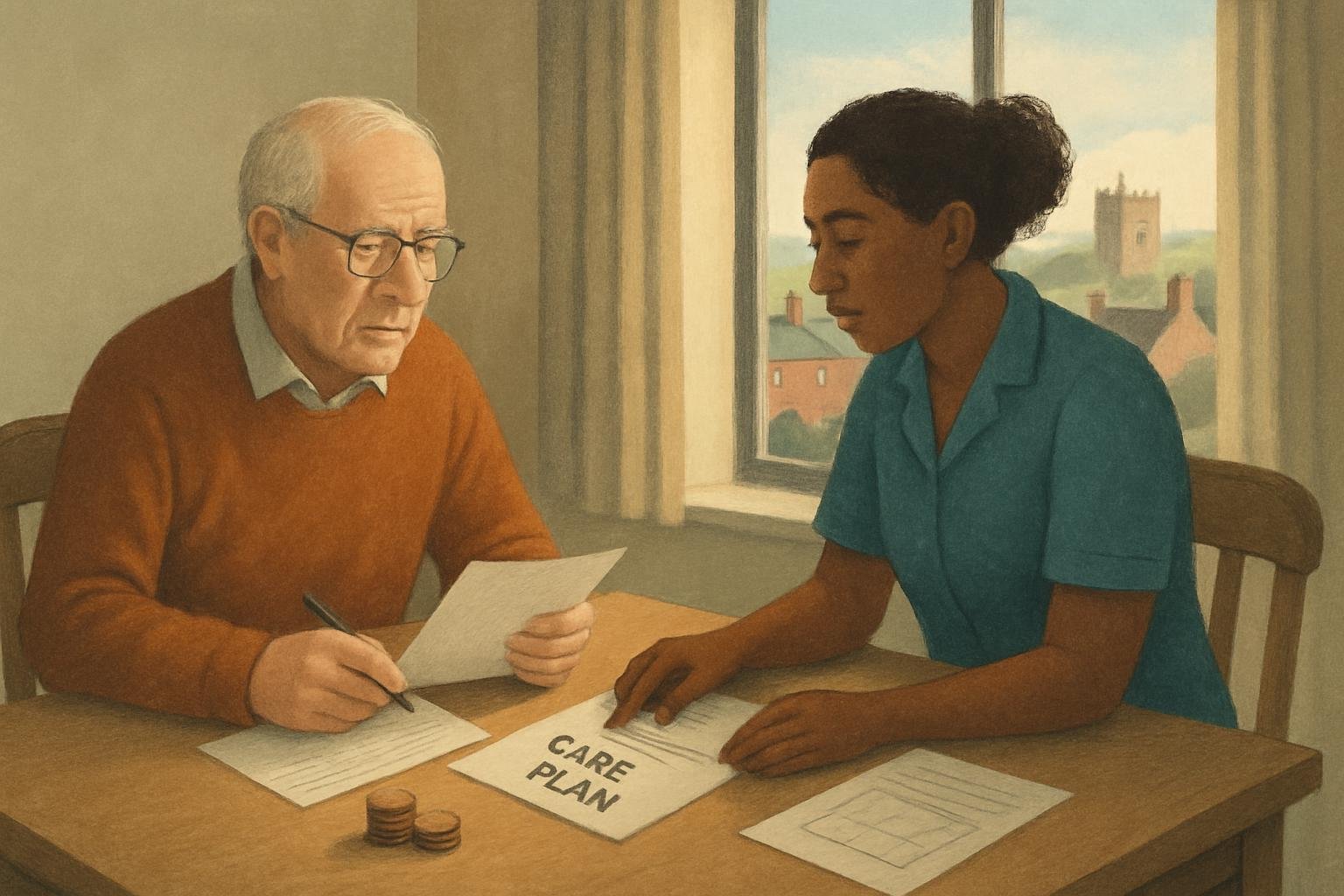 An older per on and caregiver review hou ehold finance  at a table in a  oftly lit community-care  etting.