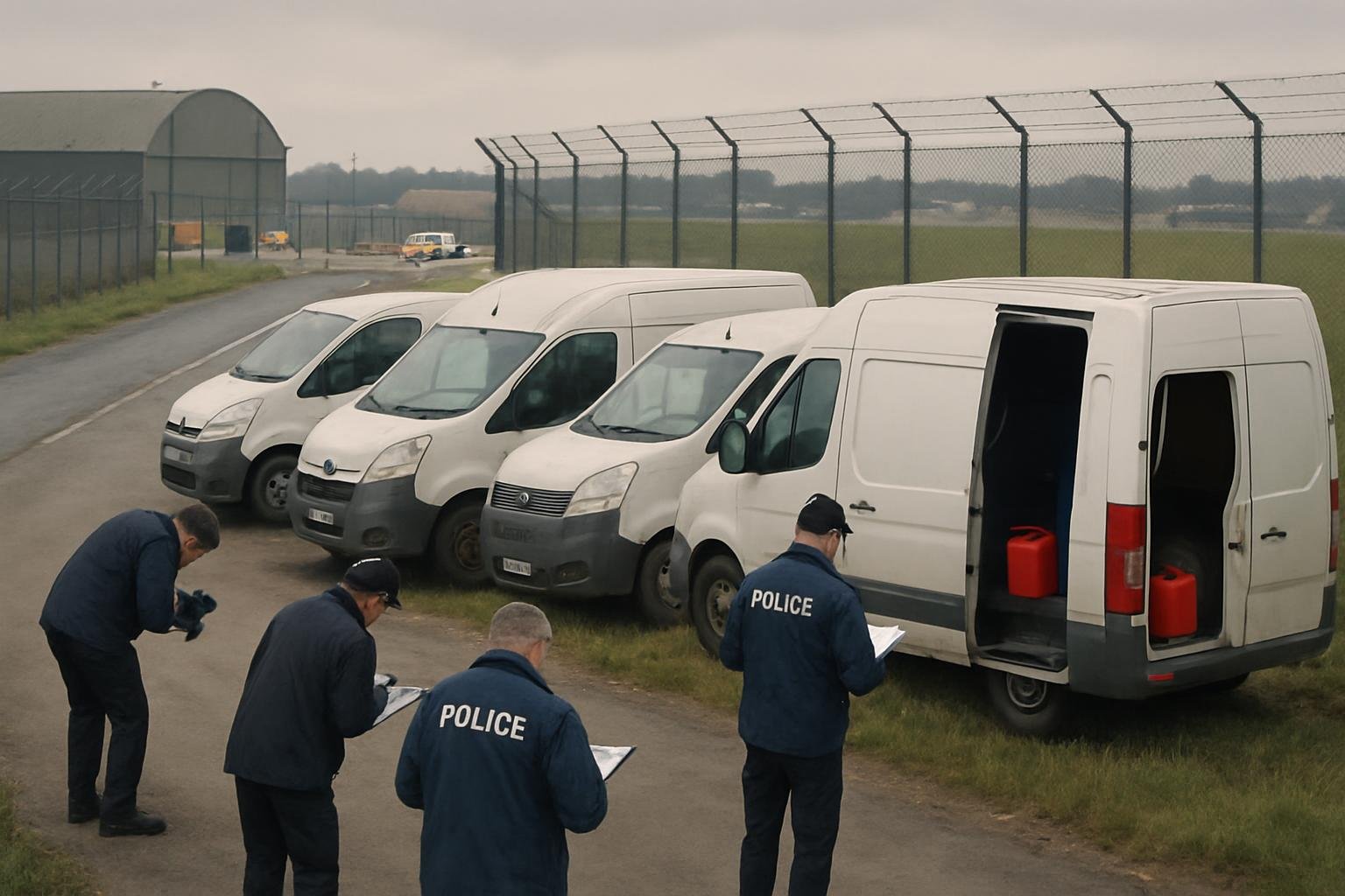 Police inve tigator  examine parked van  near a military airfield perimeter on an overca t morning.