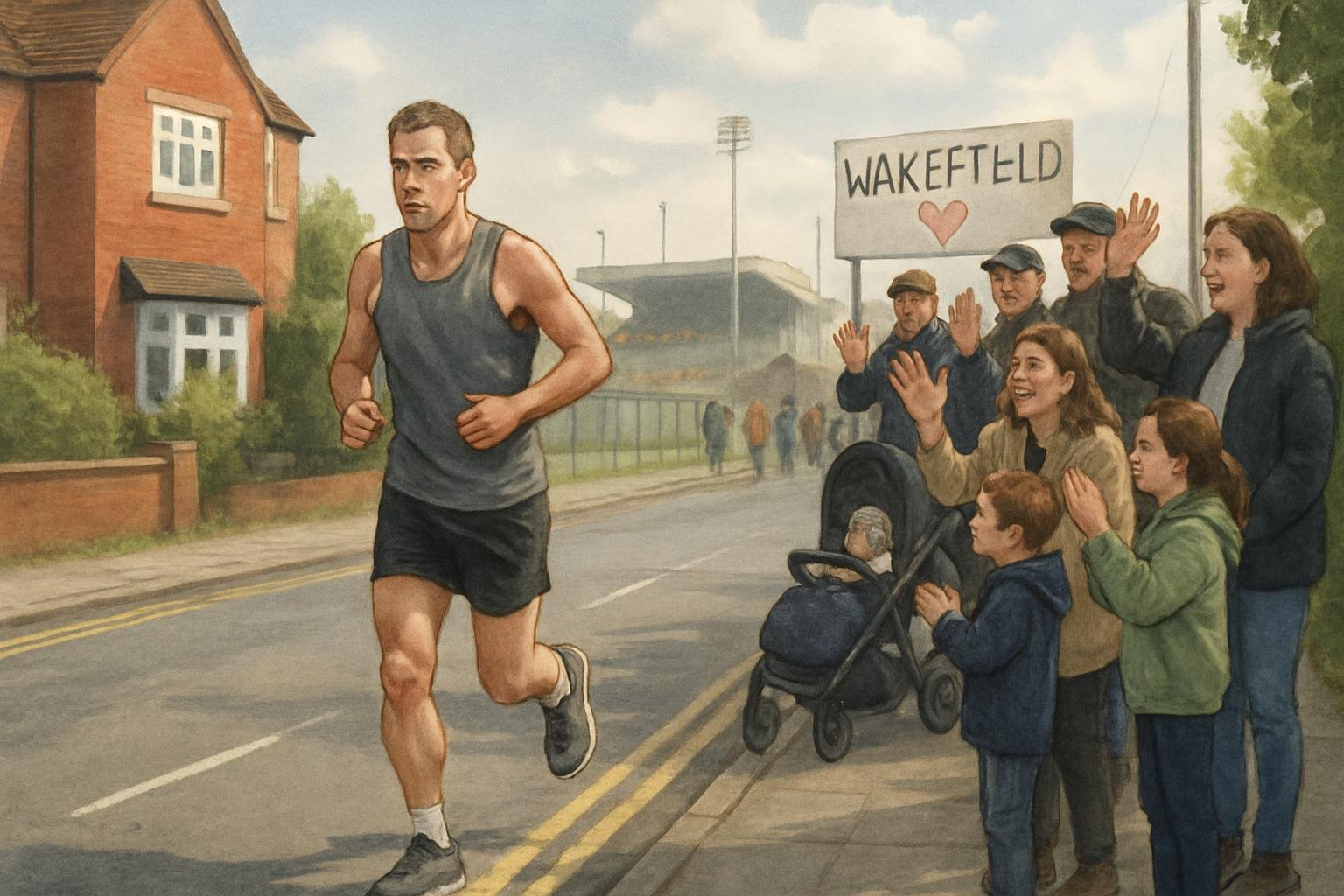 An endurance runner pa e   upporter  on a town road a  familie  gather to encourage a fundrai ing challenge.