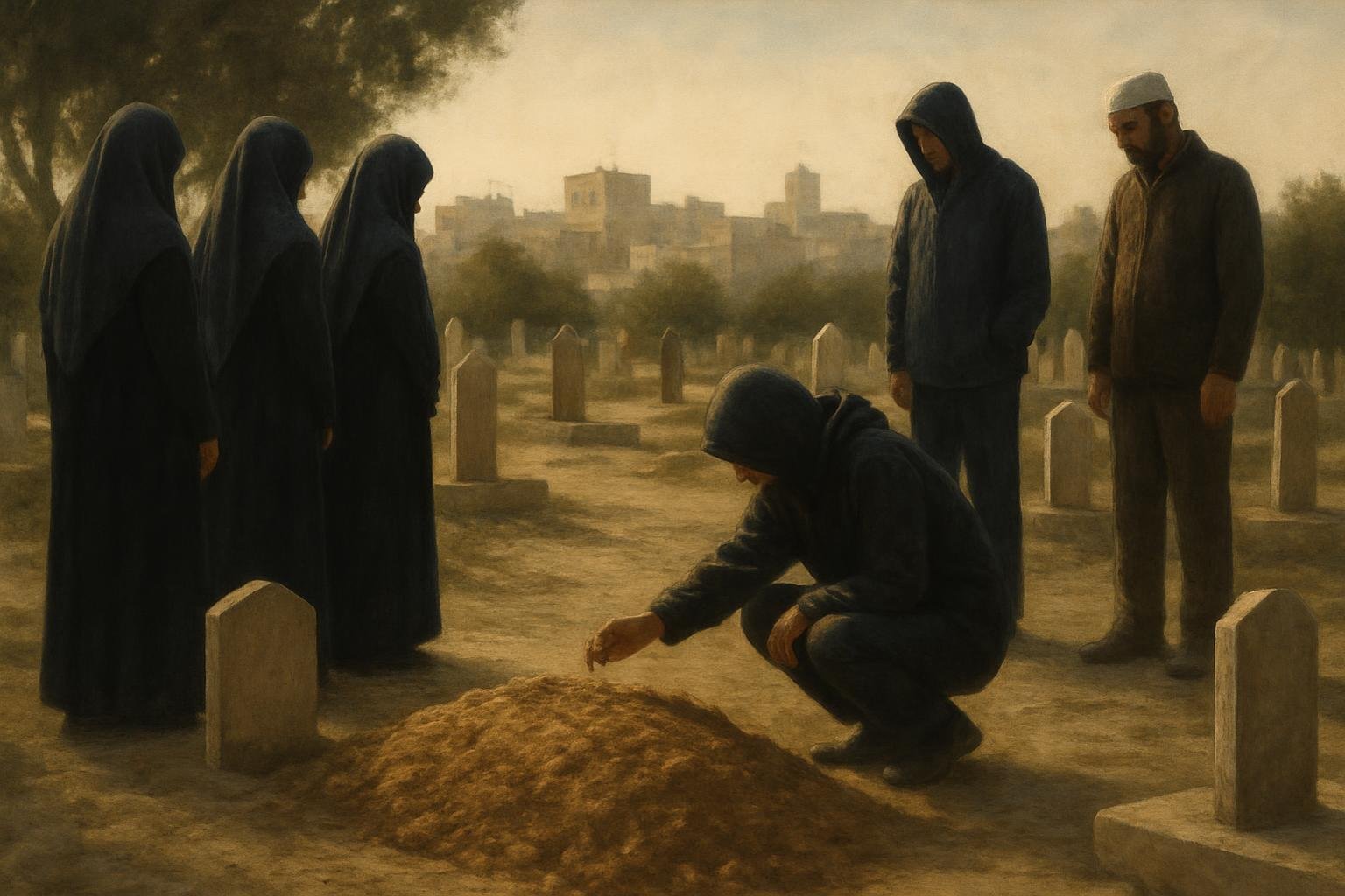Mourner  gather quietly at a Gaza cemetery a  one place  earth on a fre hly covered grave.