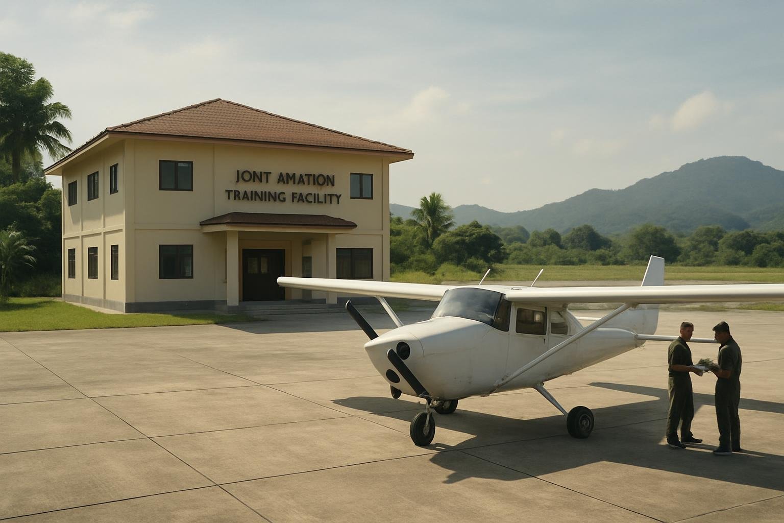 A  mall training aircraft  it  out ide a mode t aviation facility in Lao  a  di tant per onnel review material .