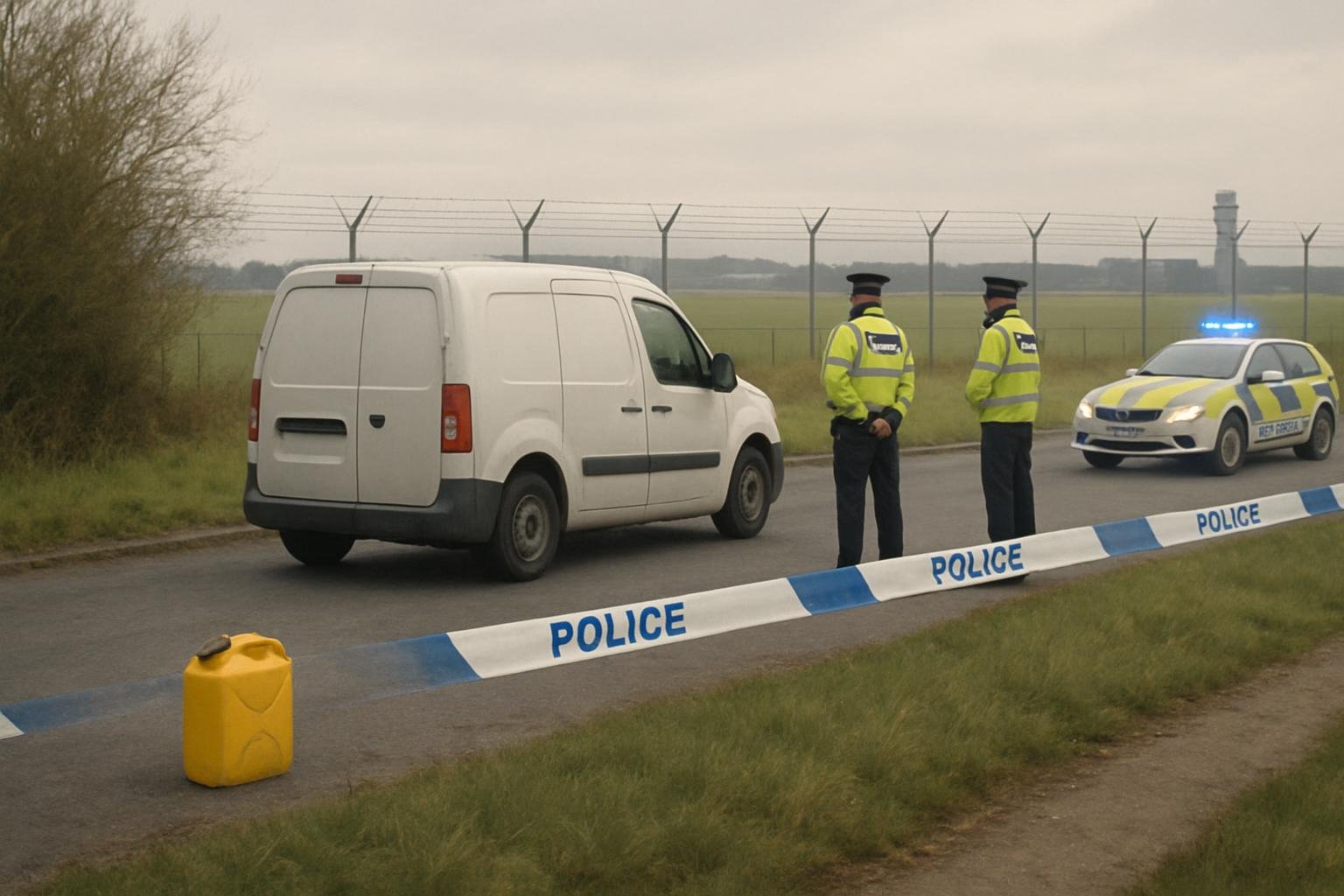 Police examine an unmarked van be ide a rural airfield fence, with a fuel container  et a ide near a cordon.