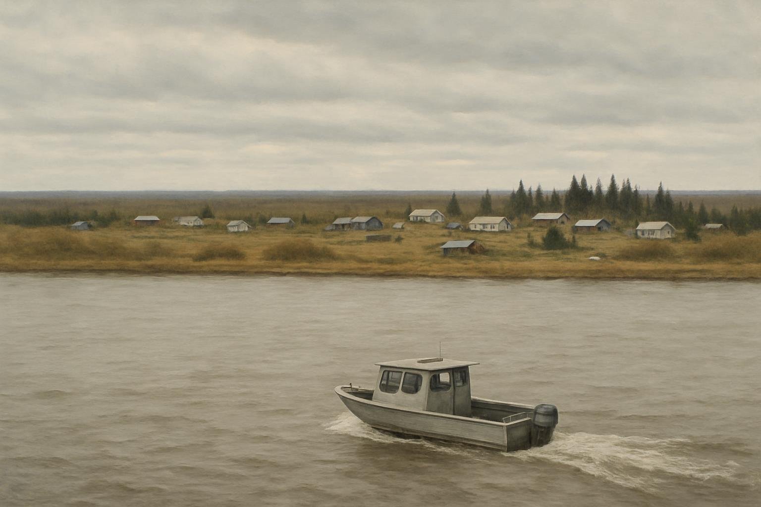A  mall riverboat travel  toward a remote village acro  the broad Ku kokwim River in  outhwe tern Ala ka.