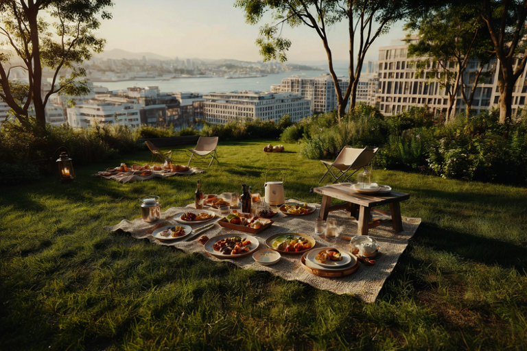 Editorial illustration of a curated picnic setup on a green lawn overlooking a modern harbor city skyline during a warm afternoon.