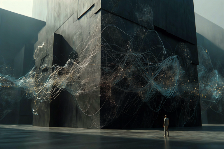 Conceptual illustration showing a large, dark corporate structure with tangled glowing digital networks, observed by a stylized human silhouette, representing a gap in AI and cybersecurity expertise among executives.