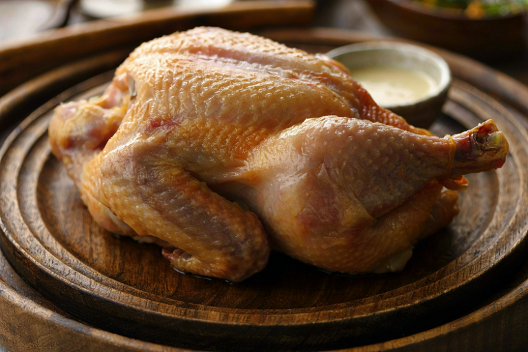 Editorial illustration of a whole, gently poached chicken on a dark wooden platter with a small dipping sauce bowl, emphasizing culinary tradition.