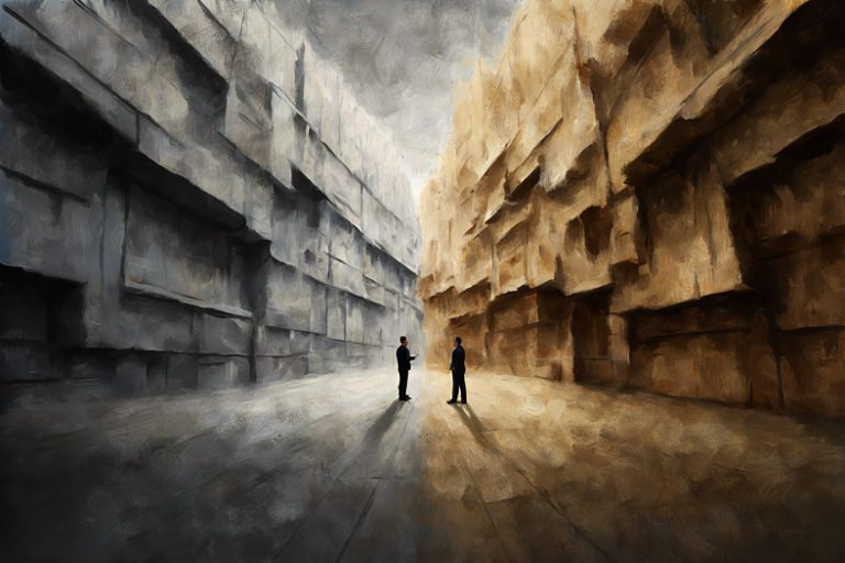 Conceptual illustration of two opposing, monolithic forms maintaining a measured distance across a polished surface, symbolizing the management of a status quo in high-level negotiations.