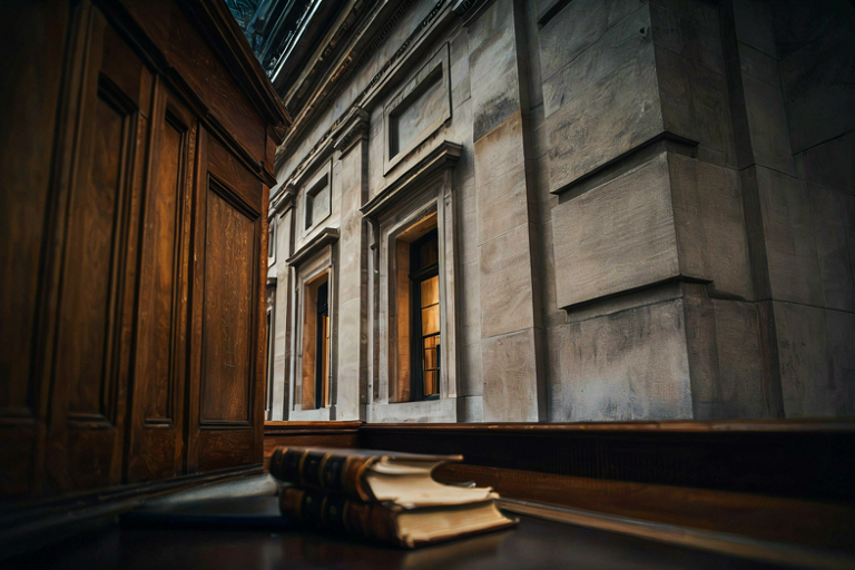 Editorial illustration of a large, imposing university building facade under dramatic lighting, with a heavy academic book resting on a dark wooden surface in the foreground, conveying institutional concern.