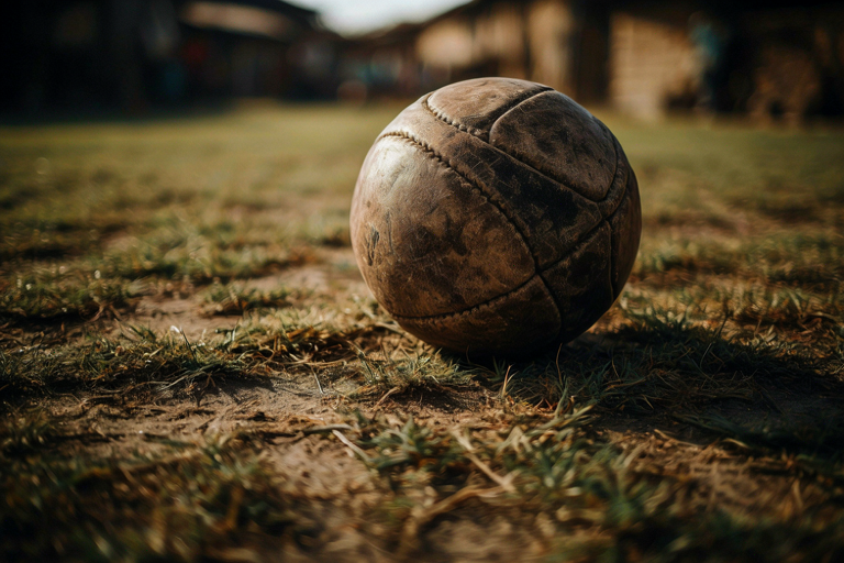 A weathered leather football on damp grass with a softly blurred village background.