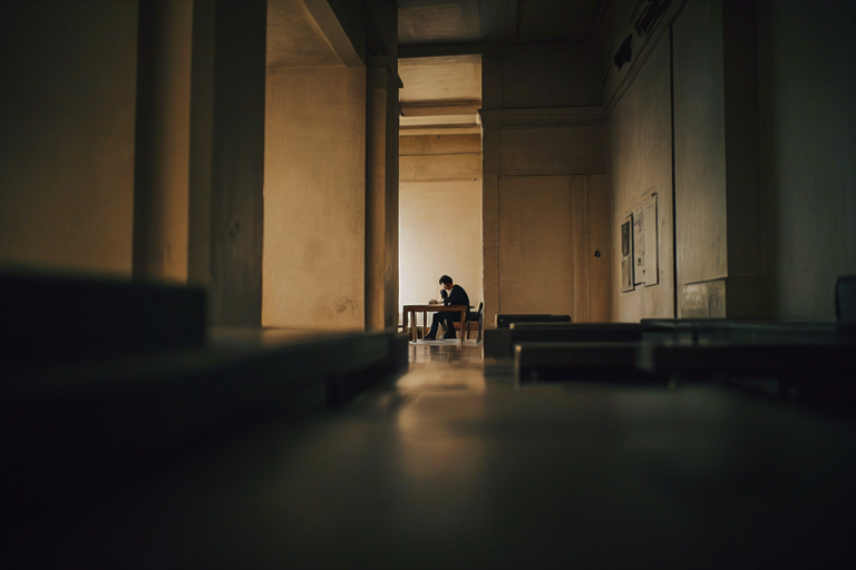 A solitary figure in a quiet university setting, suggesting personal growth and introspection.