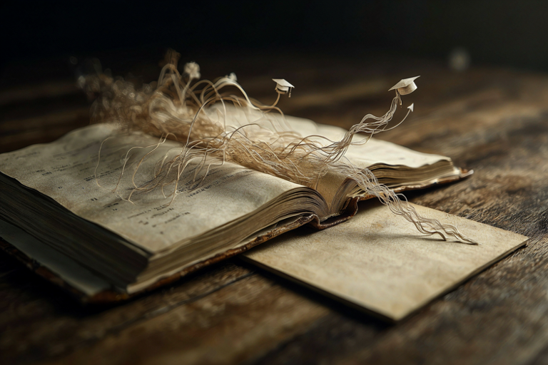 Conceptual illustration of a financial linkage mechanism tied to education, depicted through interwoven threads emerging from an open ledger.