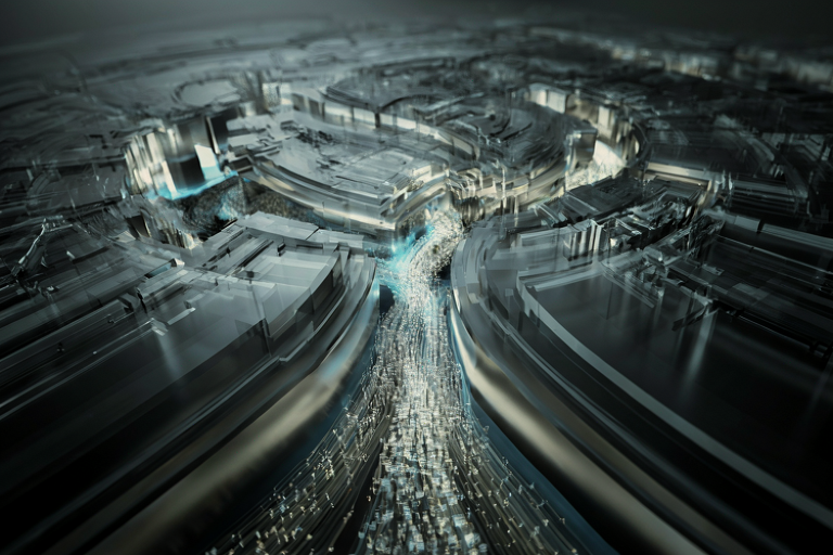 Conceptual illustration depicting a diminishing stream of talent flowing into a complex technological network.