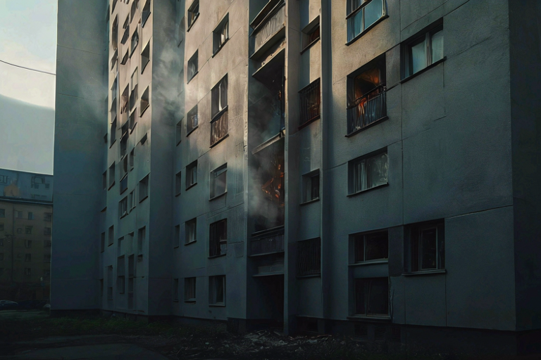 Conceptual illustration of a mid-rise residential building facade with subtle smoke rising from a window in the early morning light.