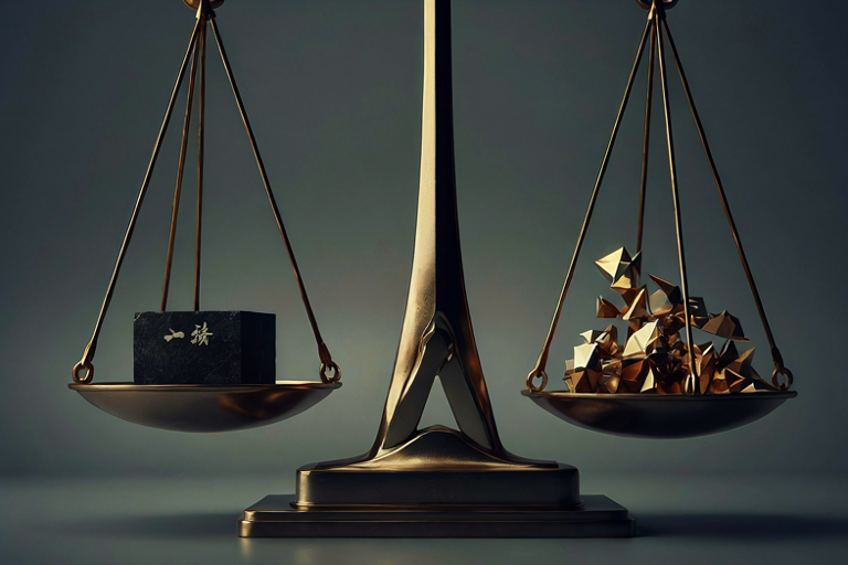 Conceptual illustration of a heavy industrial scale balancing a solid mass against intricate geometric shapes, symbolizing trade tensions between China and the EU.