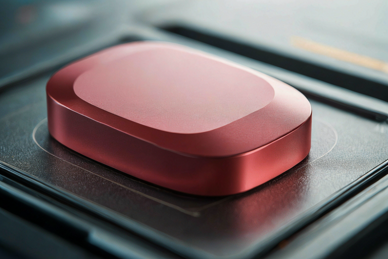 A digital representation of a stablecoin, a smooth, matte red geometric shape, resting on a dark, textured surface within a sophisticated, softly lit digital environment.