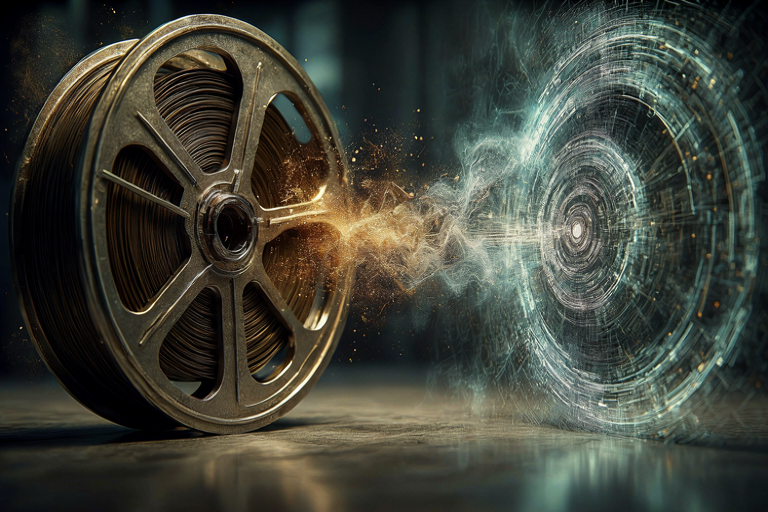 Conceptual illustration balancing tangible film reels with abstract digital light patterns, symbolizing regulatory guidance over media production.