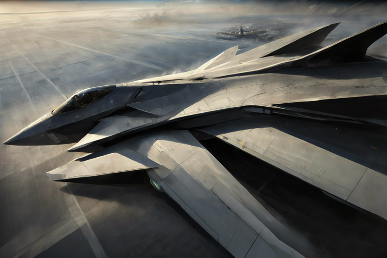 Conceptual illustration of a next-generation fighter jet in flight, emphasizing advanced design and scale.