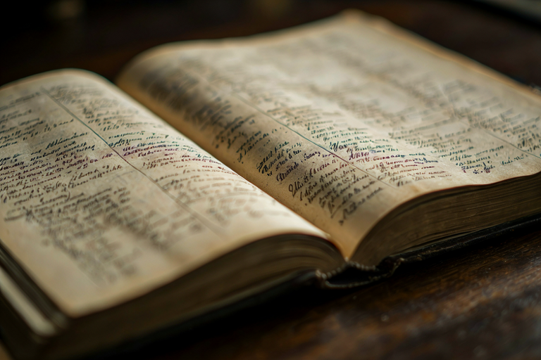 An aged, open ledger under a focused beam of light on a dark wooden surface, symbolizing intensive investigation and the search for information.