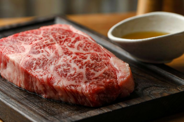 A close-up, sophisticated editorial illustration of a marbled cut of Wagyu beef and a bowl of consommé on a dark wooden board, emphasizing culinary quality.