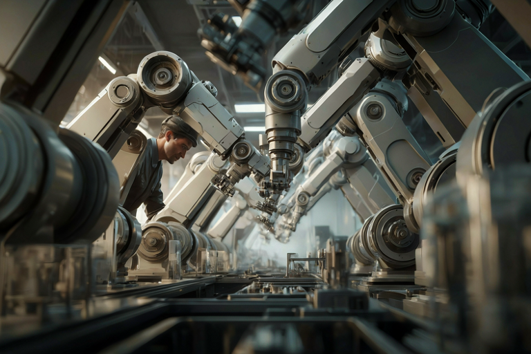 Editorial illustration of Industry 5.0 showing human oversight integrated with advanced manufacturing robotics.
