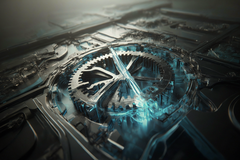 Editorial illustration of a large, intricate metal gear partially submerged in glowing blue liquid, with a focused beam of light emerging from its center, symbolizing research and development investment.