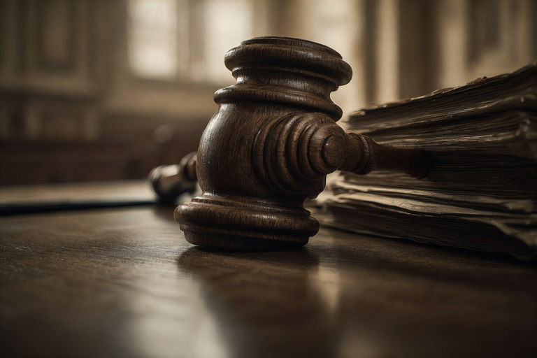 A conceptual illustration of a heavy wooden gavel resting on a polished surface next to a stack of legal documents, set in a dimly lit, serious legal environment.