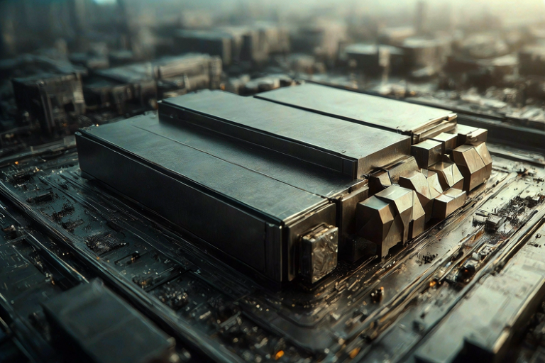 Editorial illustration depicting a large industrial battery cell surrounded by smaller, alternative components on a dark platform, symbolizing industrial reliance and market diversification.