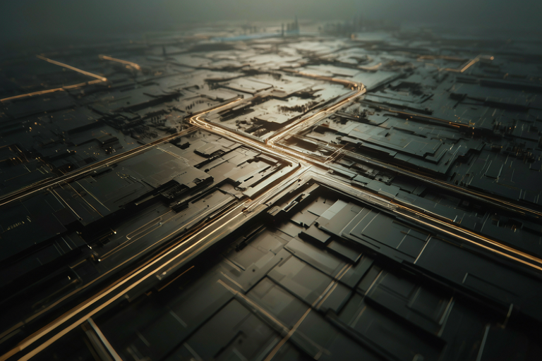 Abstract illustration symbolizing the regulatory approval for a major financial listing, featuring a detailed circuit board illuminated by a pathway of light leading toward a distant city skyline.