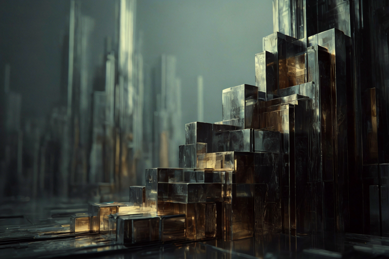 Abstract illustration of upward financial growth represented by ascending metallic blocks in a deep, atmospheric setting.