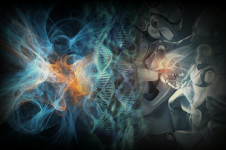 Editorial illustration depicting abstract scientific research themes: fluid dynamics, genomic structures, and human-robot interaction.