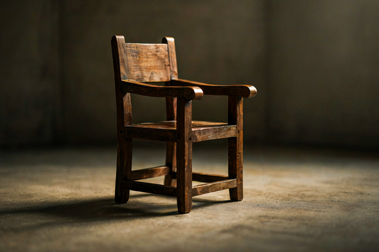 A solitary, intricately carved wooden chair in a dimly lit, austere chamber, symbolizing singular devotion.